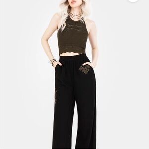 Disturbia womens size 10 Foliate Linen-Blend Embroidered Wide Leg Trousers NWT